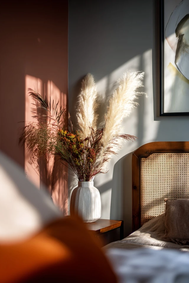 Styled shelves in a bookshelf headboard above a made bed