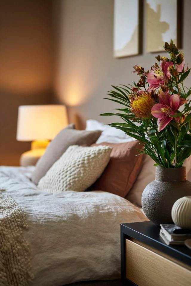 Serene bedroom view with simple furniture and natural elements for a zen look