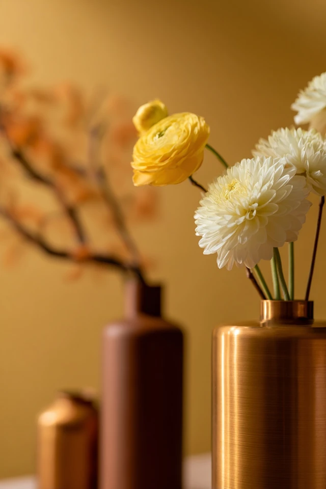 Home interior palette pairing brown furniture with soft accent colors