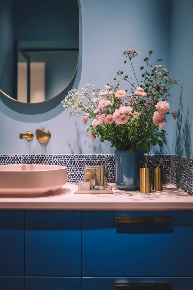 Bathroom with a blue vanity illustrating finish and styling choices