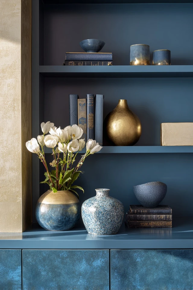 Bedroom bookshelf headboard with layered books and accessories above the pillows