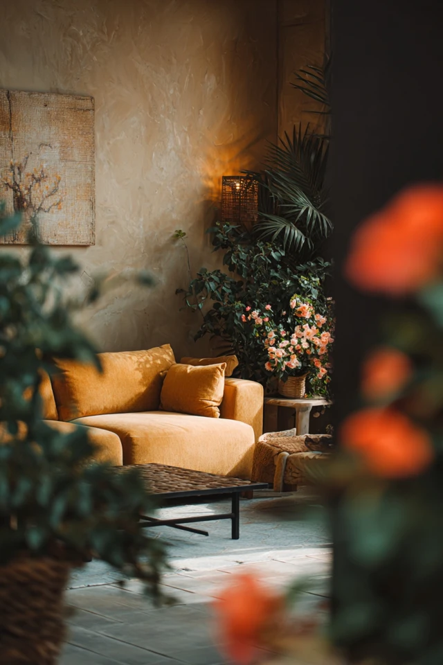 Compact garden bridge detail with textured materials and plants in a small outdoor space