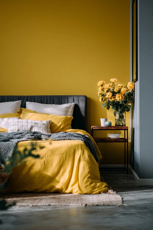 Decorated room using yellow alongside complementary colors