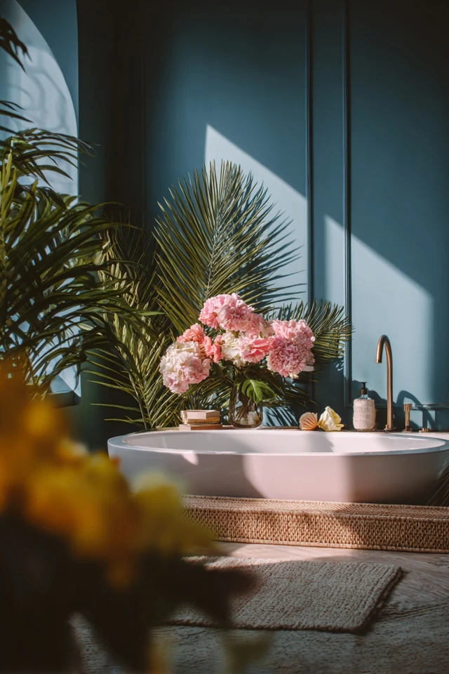 Lowered bathtub in a bathroom with soft lighting around the recess and steps