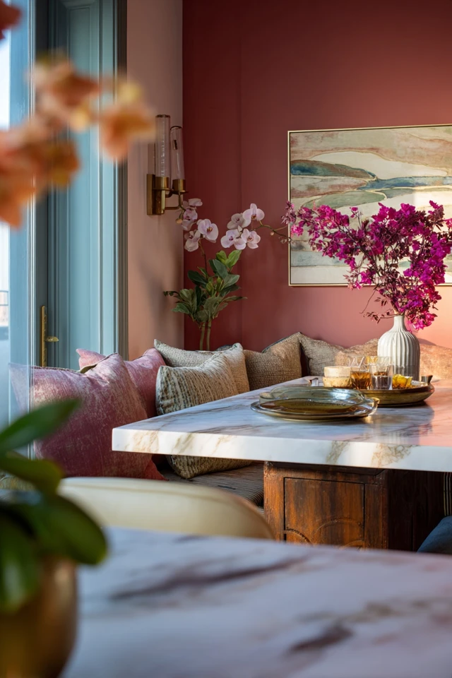 Small kitchen breakfast nook showing a dining table, seating and wall decor