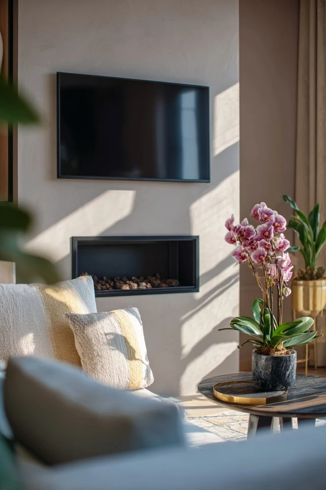 Contemporary living room where a TV hangs over the fireplace