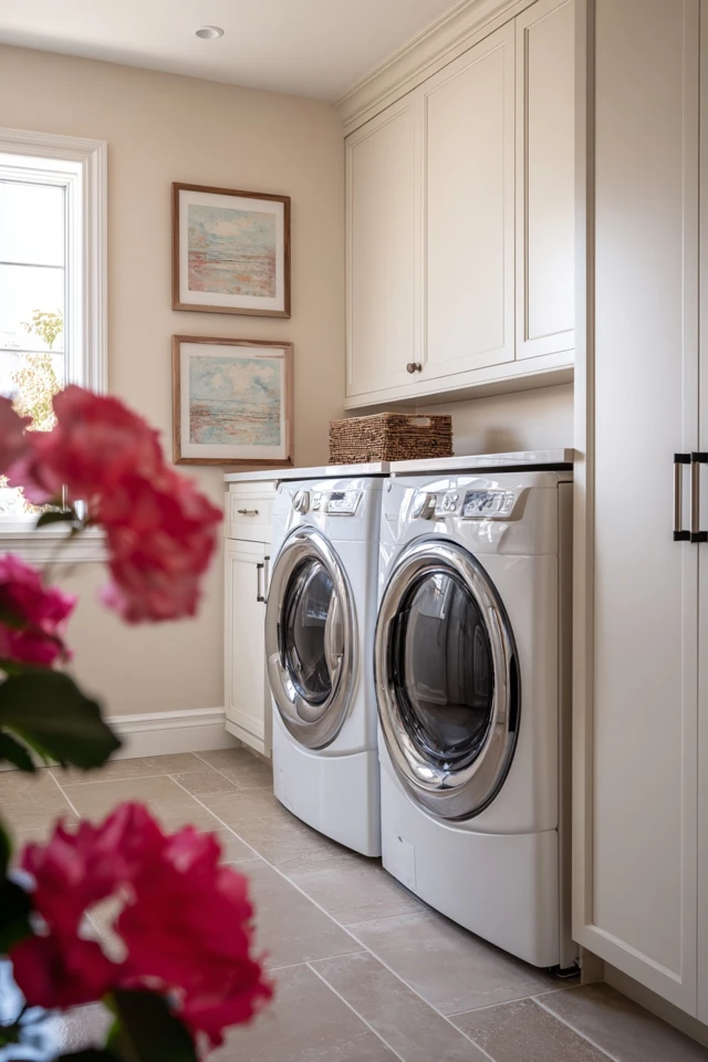 Laundry closet styled with shelving and baskets to hide the washer and dryer