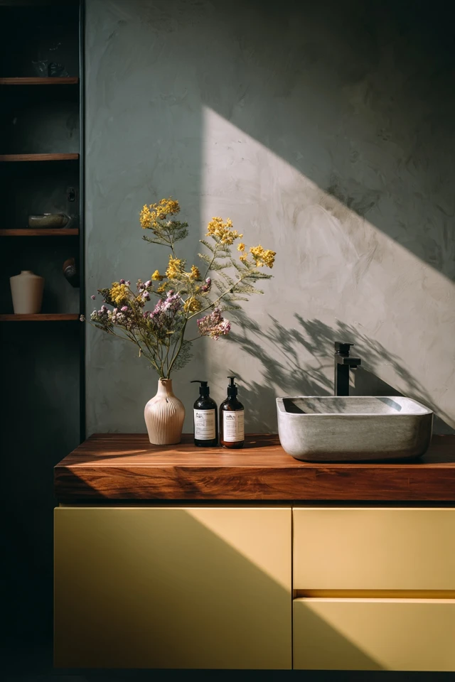 Bathroom detail showing wood texture and styled accessories on a vanity