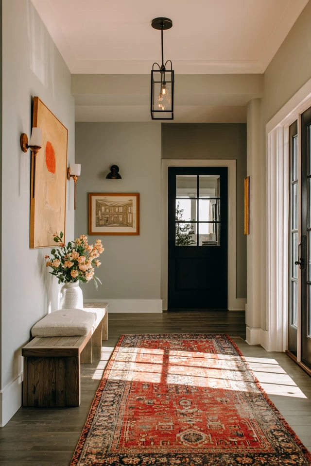 Modern farmhouse entryway with neutral palette and natural textures