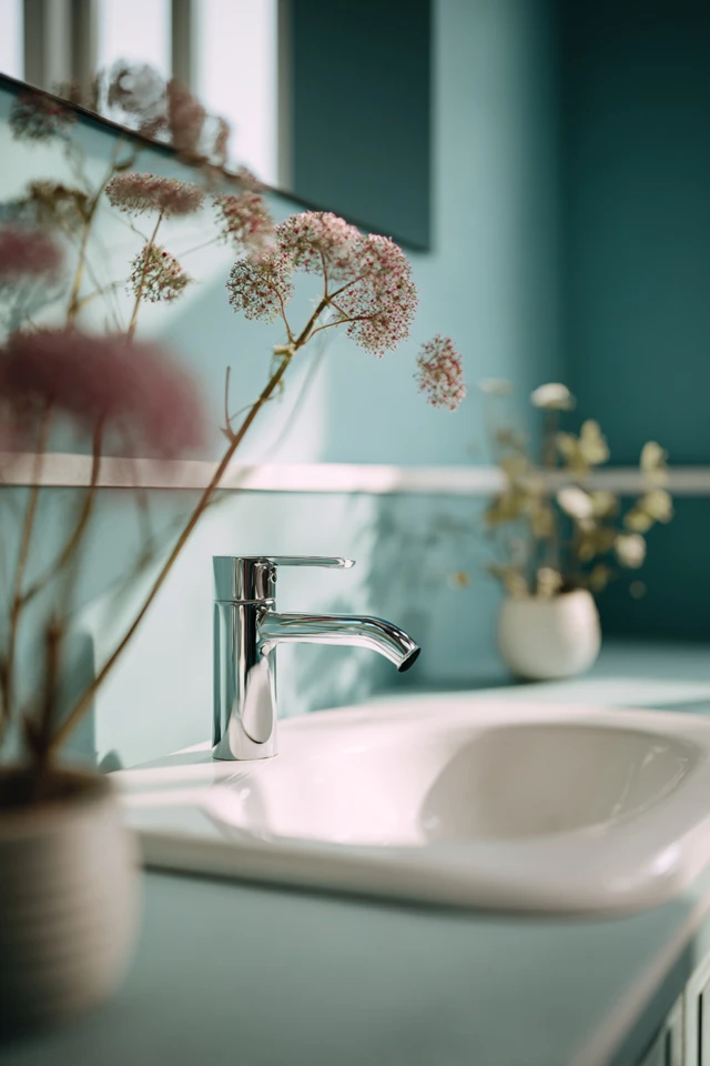Modern apartment bathroom with updated fixtures, lighting and neutral palette