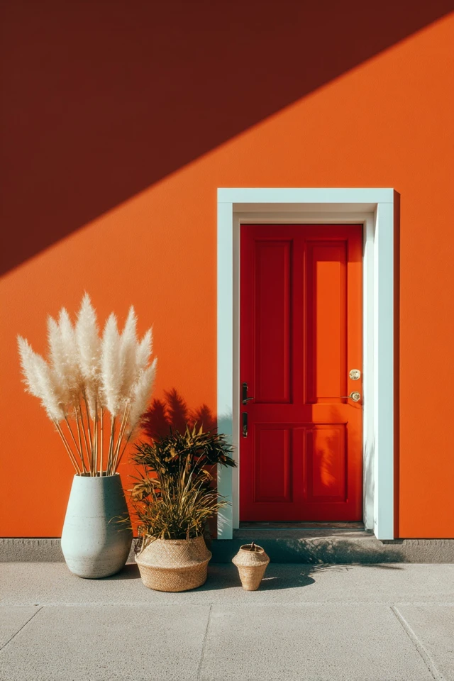 Welcoming house entrance with a burnt orange door styled with planters and a doormat