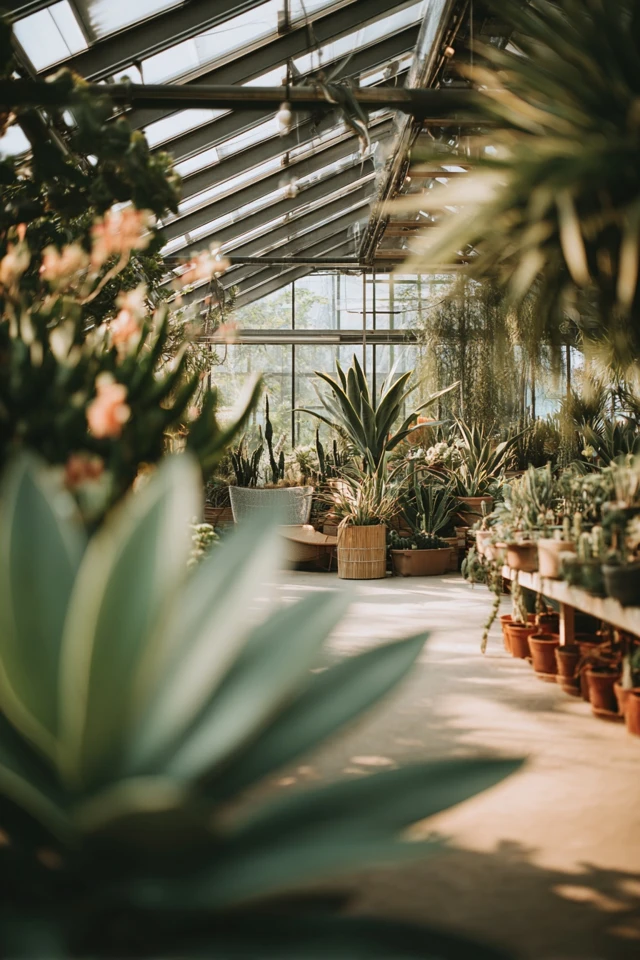 Small modern greenhouse with planters and foliage that suits a budget backyard garden project