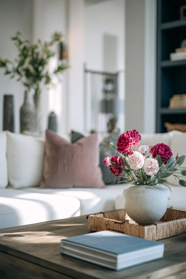 Industrial farmhouse interior with soft textiles and wood and metal decor