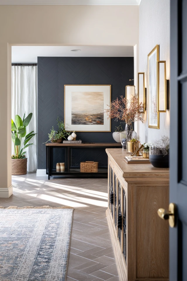 Foyer with layered textures and decor details in a home entryway