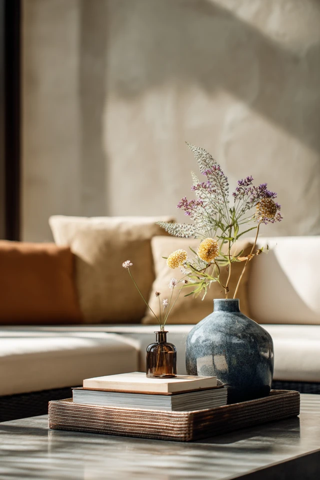 Modern sunroom styled with furniture, plants and soft lighting