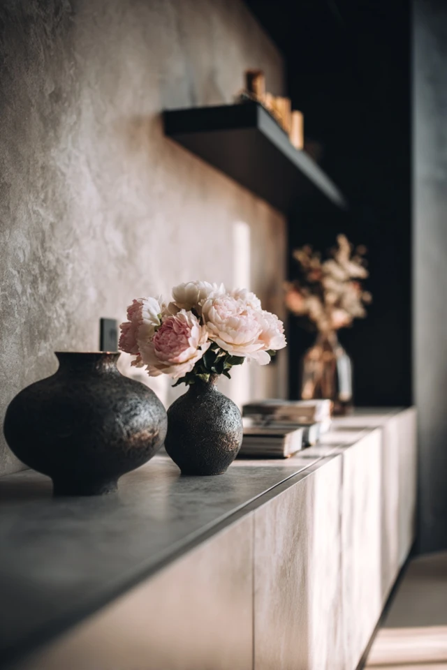 Rustic modern interior detail mixing reclaimed wood with matte modern accents