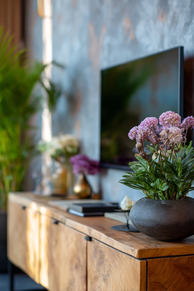 Modern TV room with a sofa, rug and plant near the TV wall