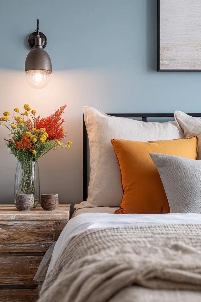 Industrial farmhouse style bedroom with bedside lighting and natural materials