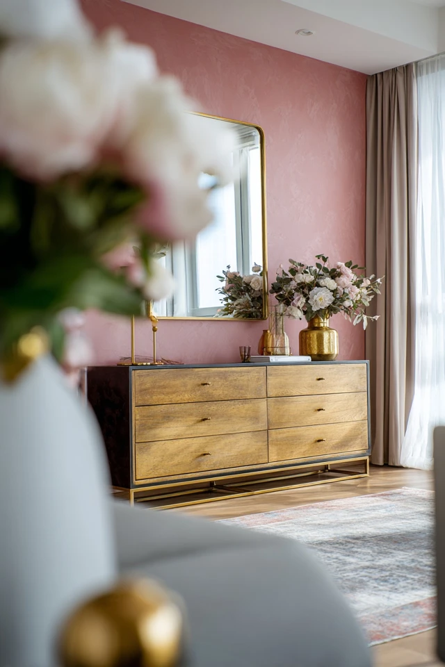 Entry wall with a framed mirror as the focal point of the entryway