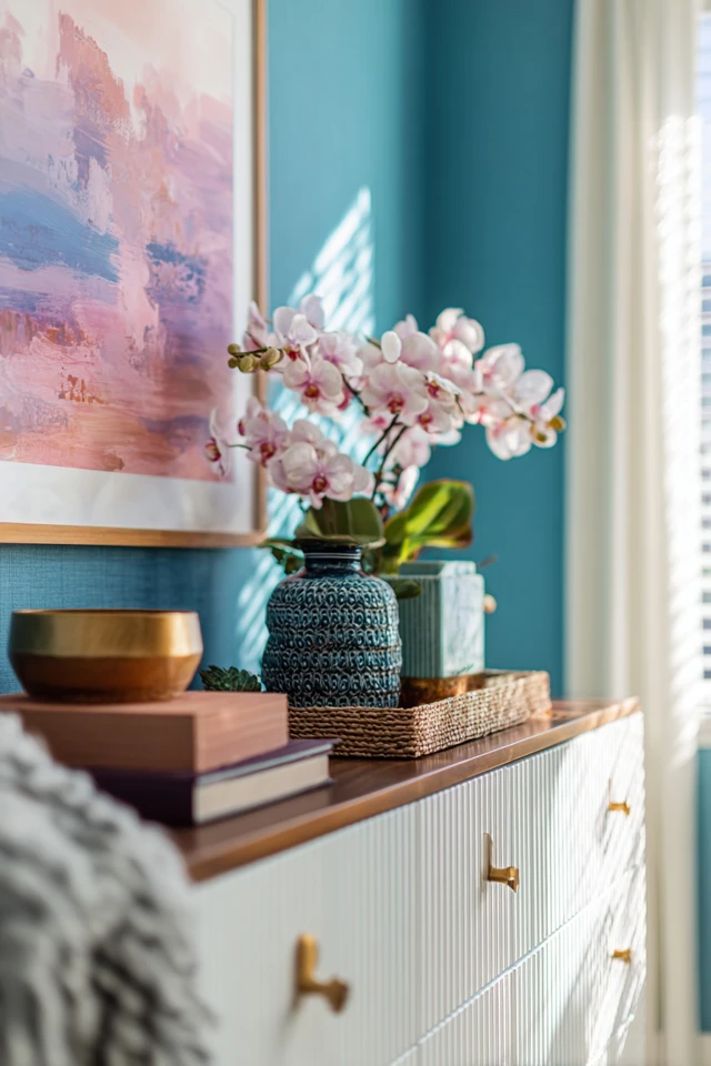 Mismatched bedside tables paired in a bedroom with coordinated accessories