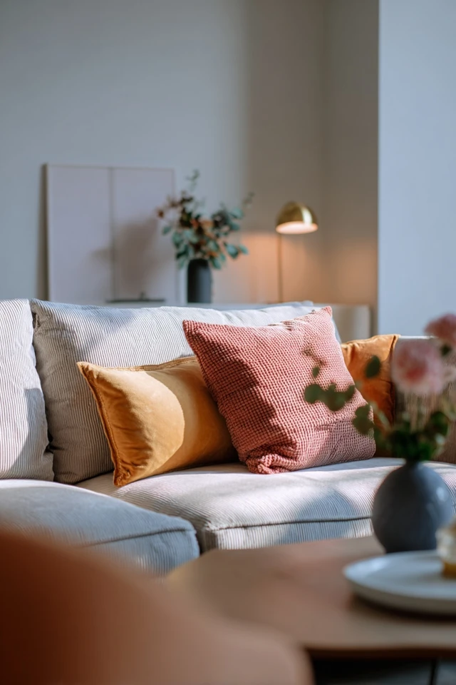 Grey sofa styled with textured textiles and warm accents in a living room