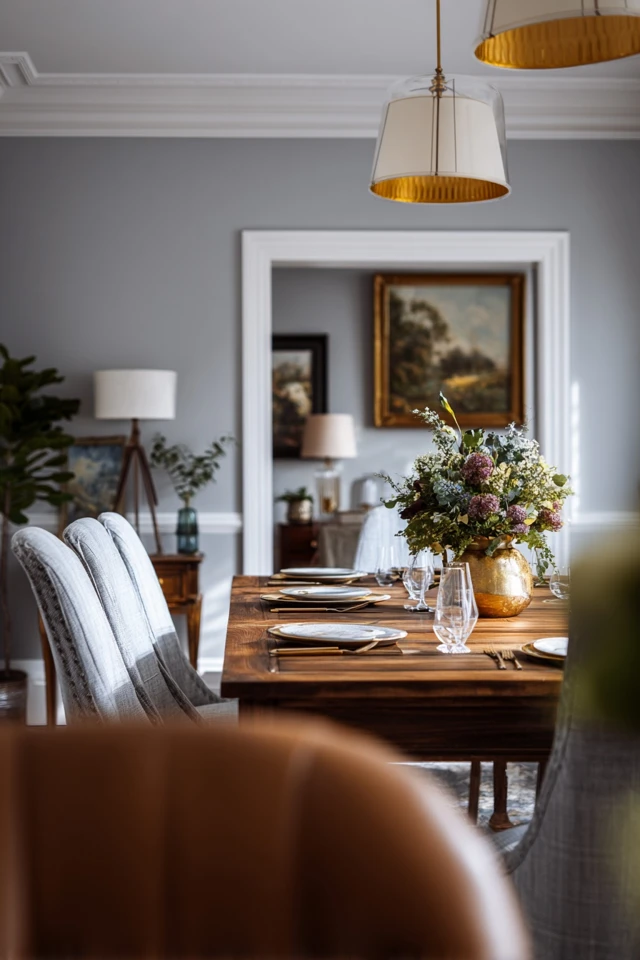 Styled glam dining room showing table setting, seating and decor details