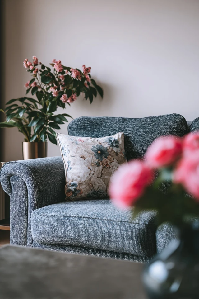 Living room seating area with a sofa, pillows and throw