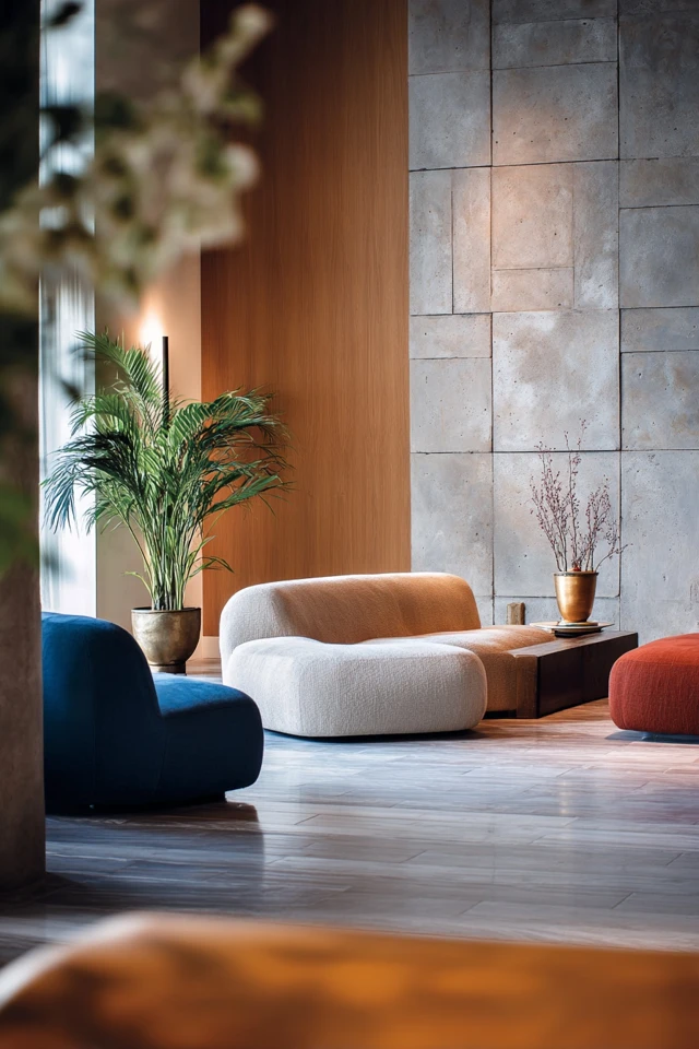 Cozy conversation pit living room styled with throws, pillows and warm light