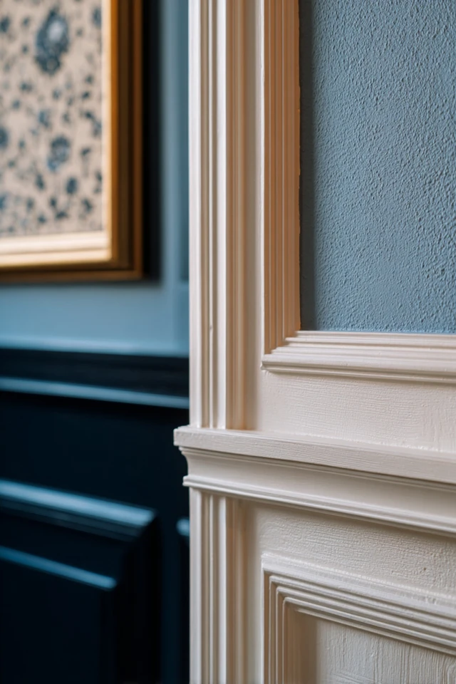 Interior wall with trim molding and paneling detail in a finished room