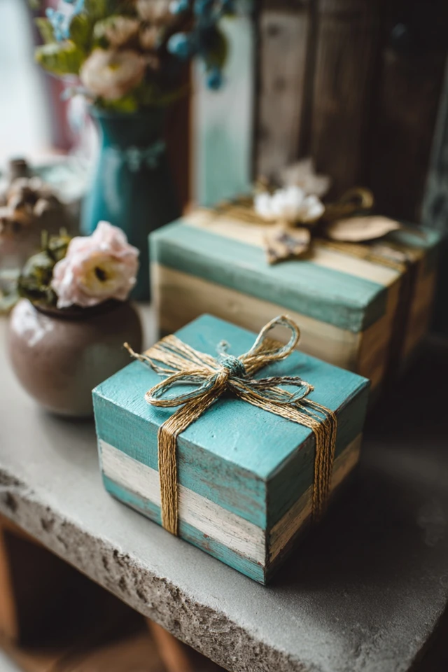 Group of DIY decorative Christmas boxes finished with ribbon for a holiday vignette