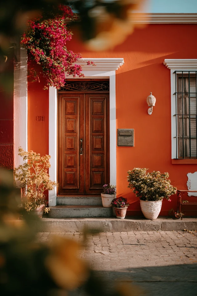 Another burnt orange front door idea with warm entryway styling