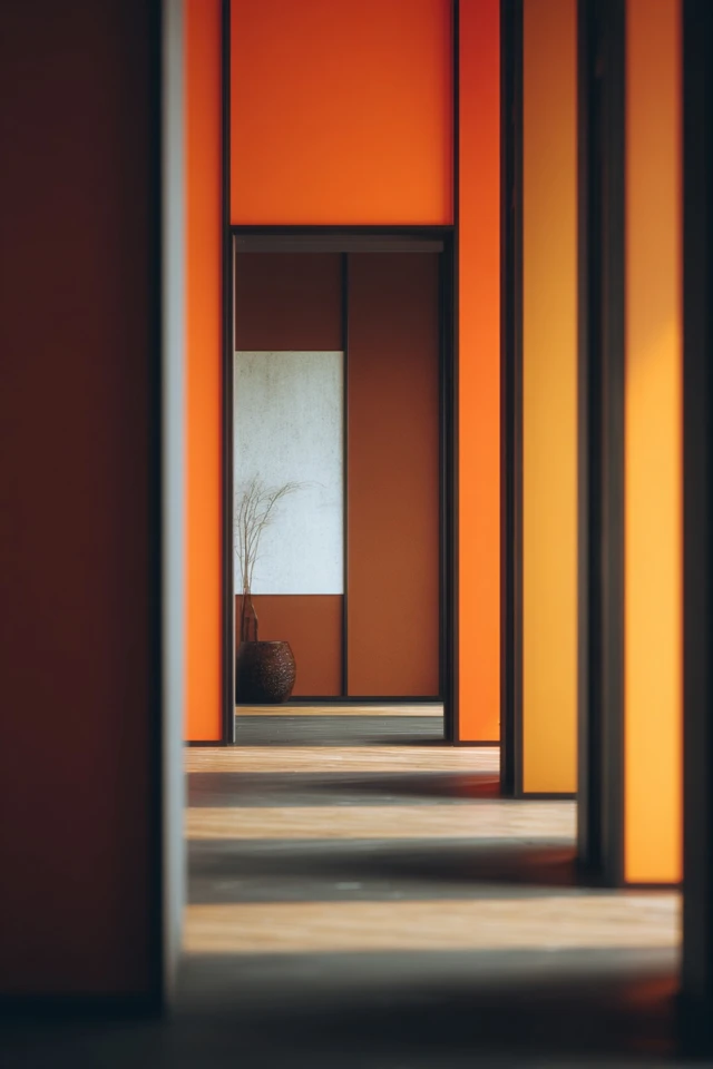 Painted burnt orange front door as a colorful focal point at the entry