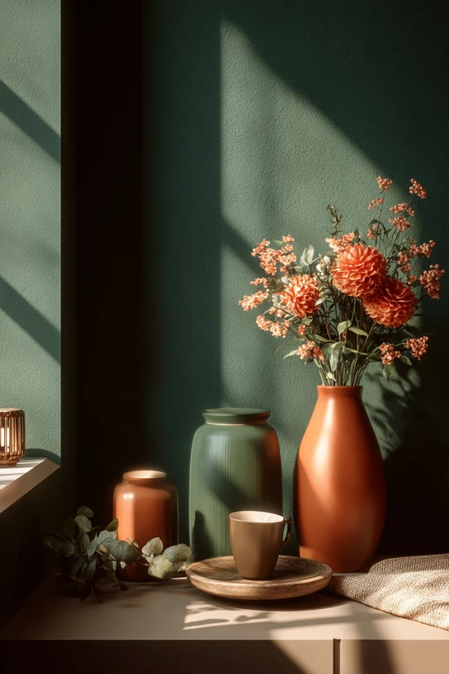 Dark green kitchen styled with lighting, plants and natural textures