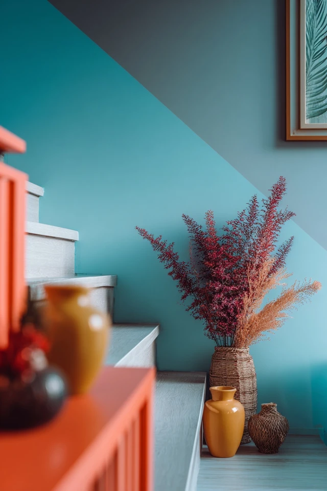 Stairwell wall with decorative wallpaper treatment as an example of staircase wall styling
