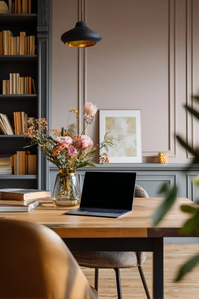 Home office corner using shelves to organize supplies and files
