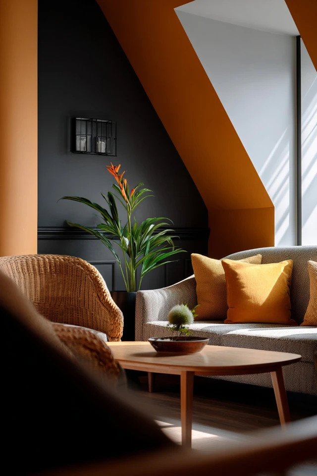 Sloped ceiling room with textured materials and low, wide furnishings