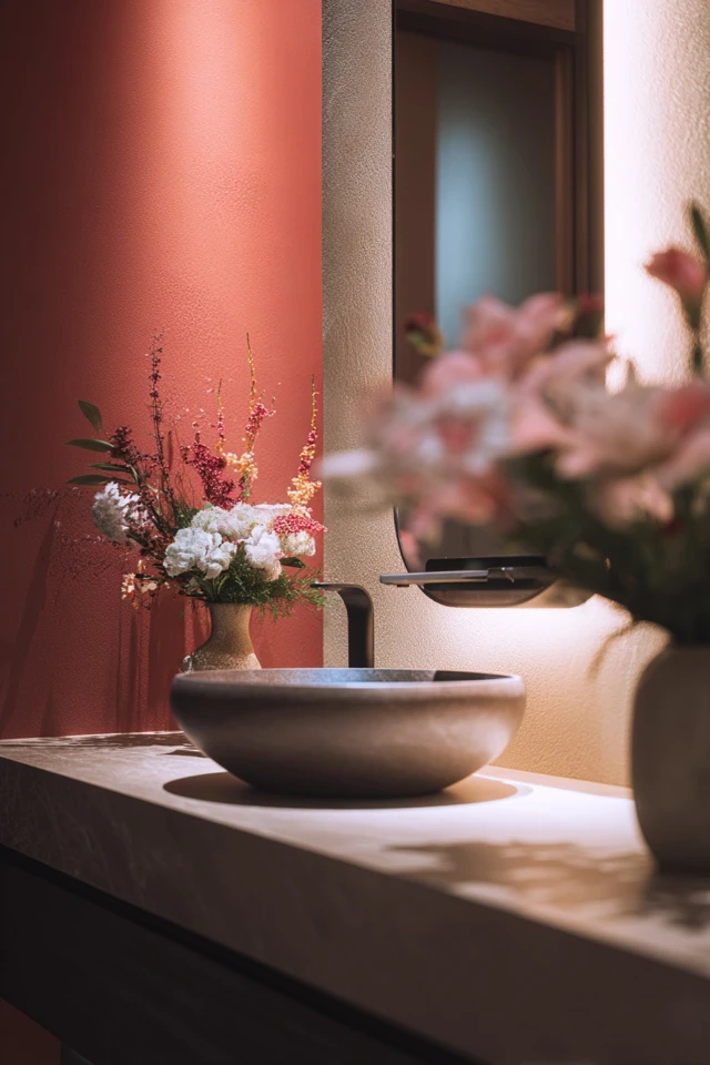 Japanese-inspired bathroom details with wood, stone and simple accessories