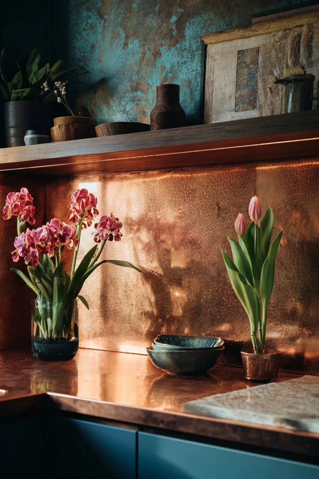 Copper backsplash idea for a budget kitchen update with warm metallic texture