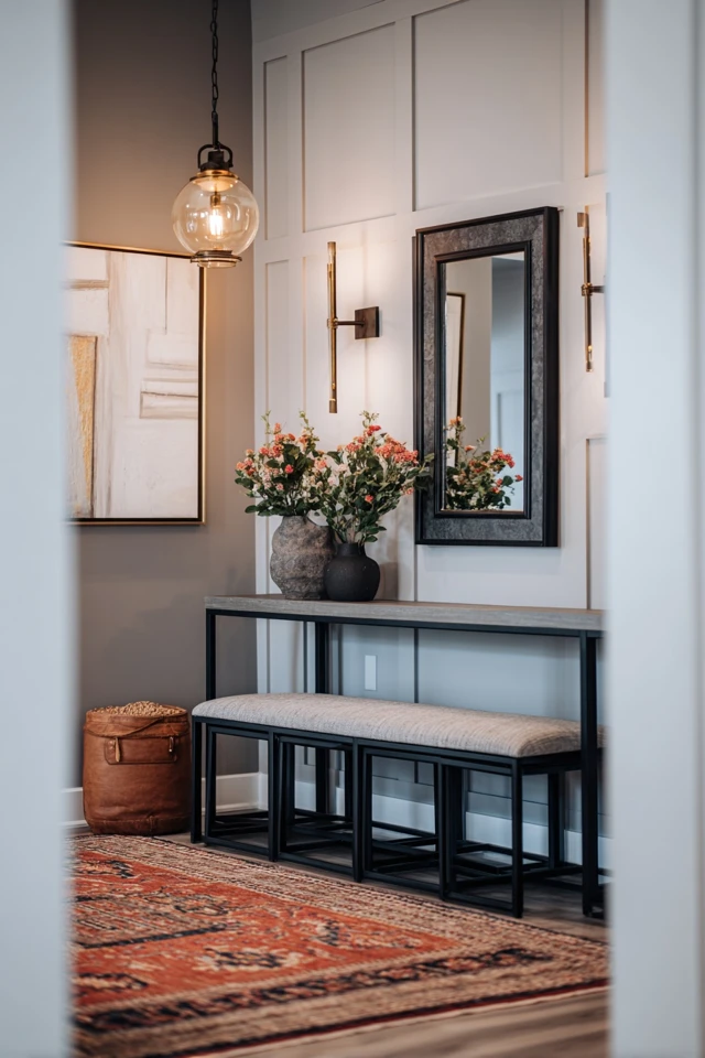 Foyer detail showing layered textures and finishes in an entryway
