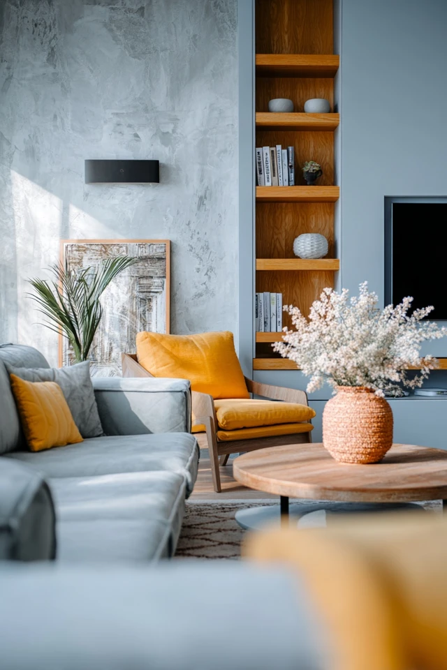 Comfortable TV room with layered seating and calm decor around the screen