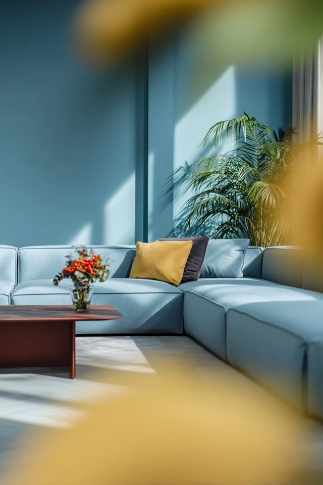 Sunken seating area design with built-in sofa wrapping around a center table