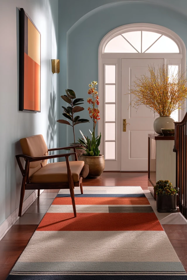Modern foyer with clean lines, textured materials and warm lighting