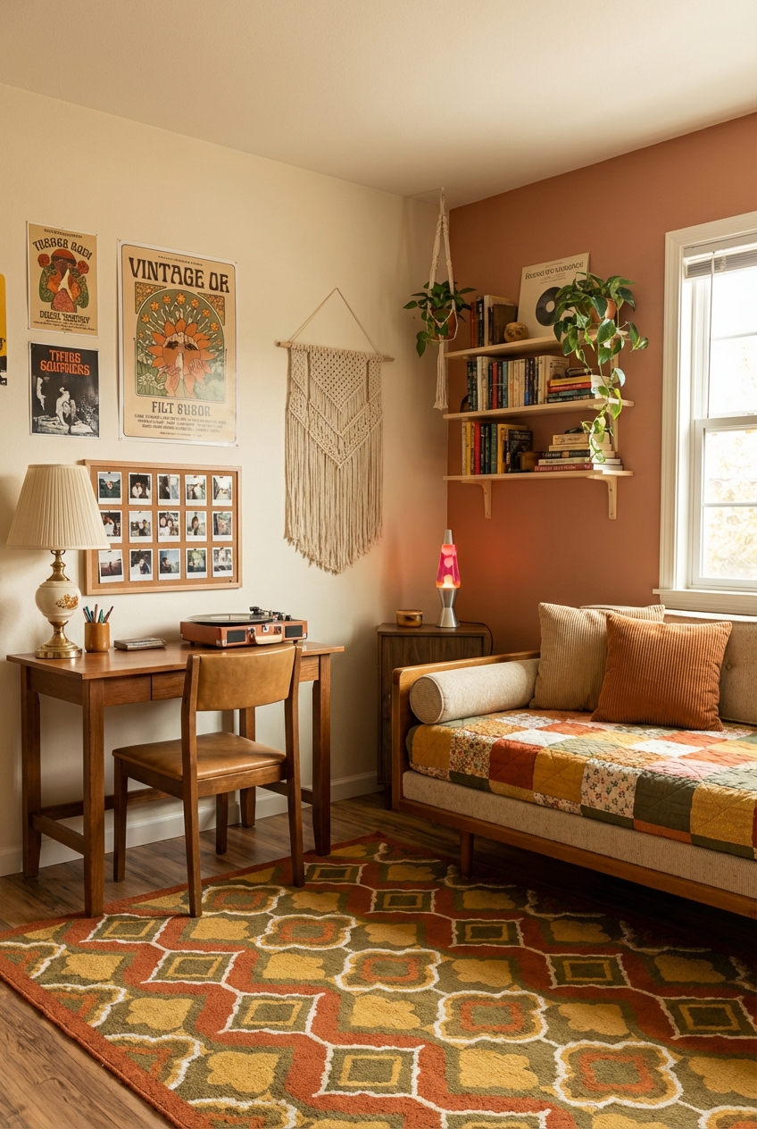Retro Teen Bedroom Ideas with Warm Neutrals and Vintage Pops
