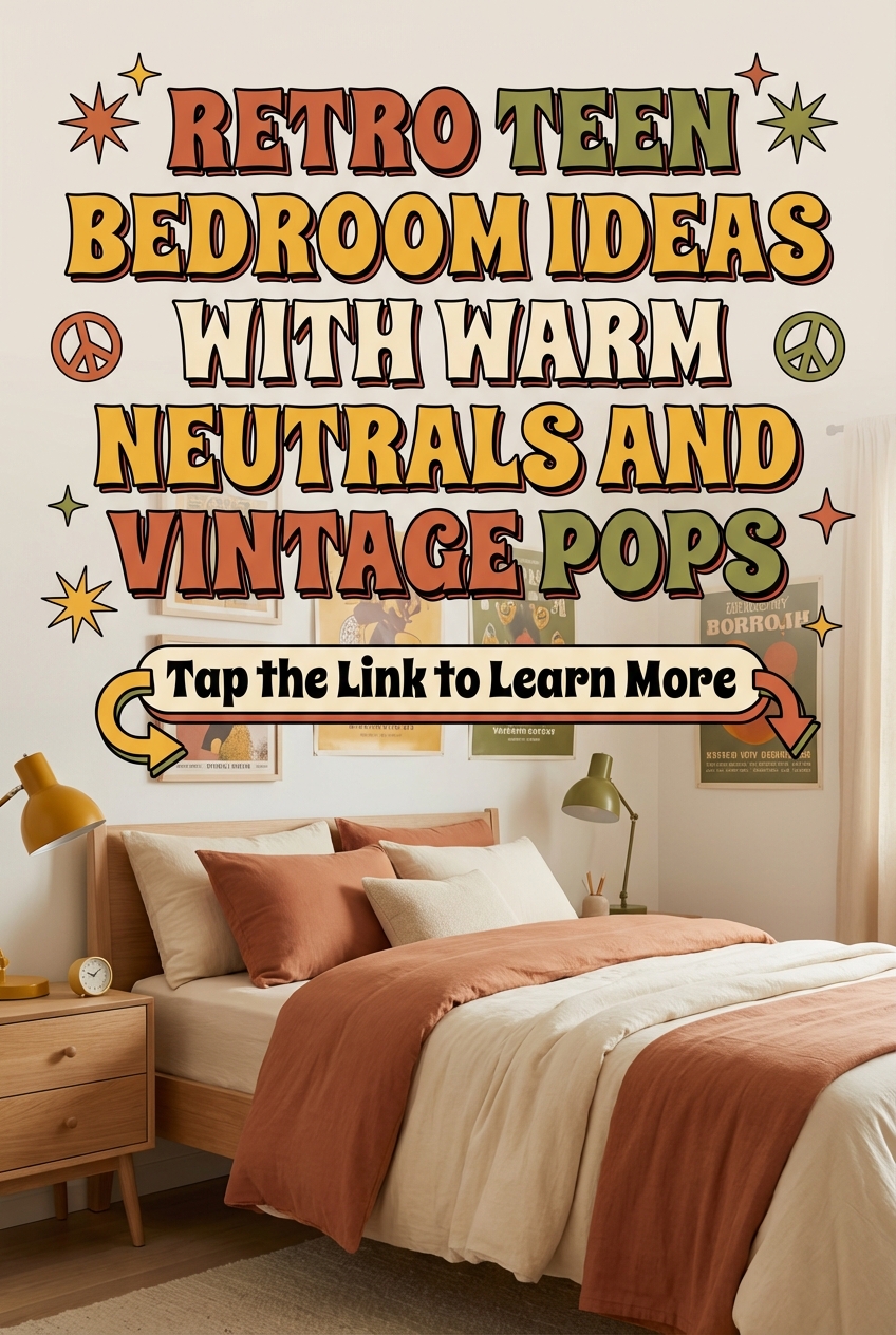 Teen bedroom showing warm wood tones and soft textiles in a retro neutral scheme