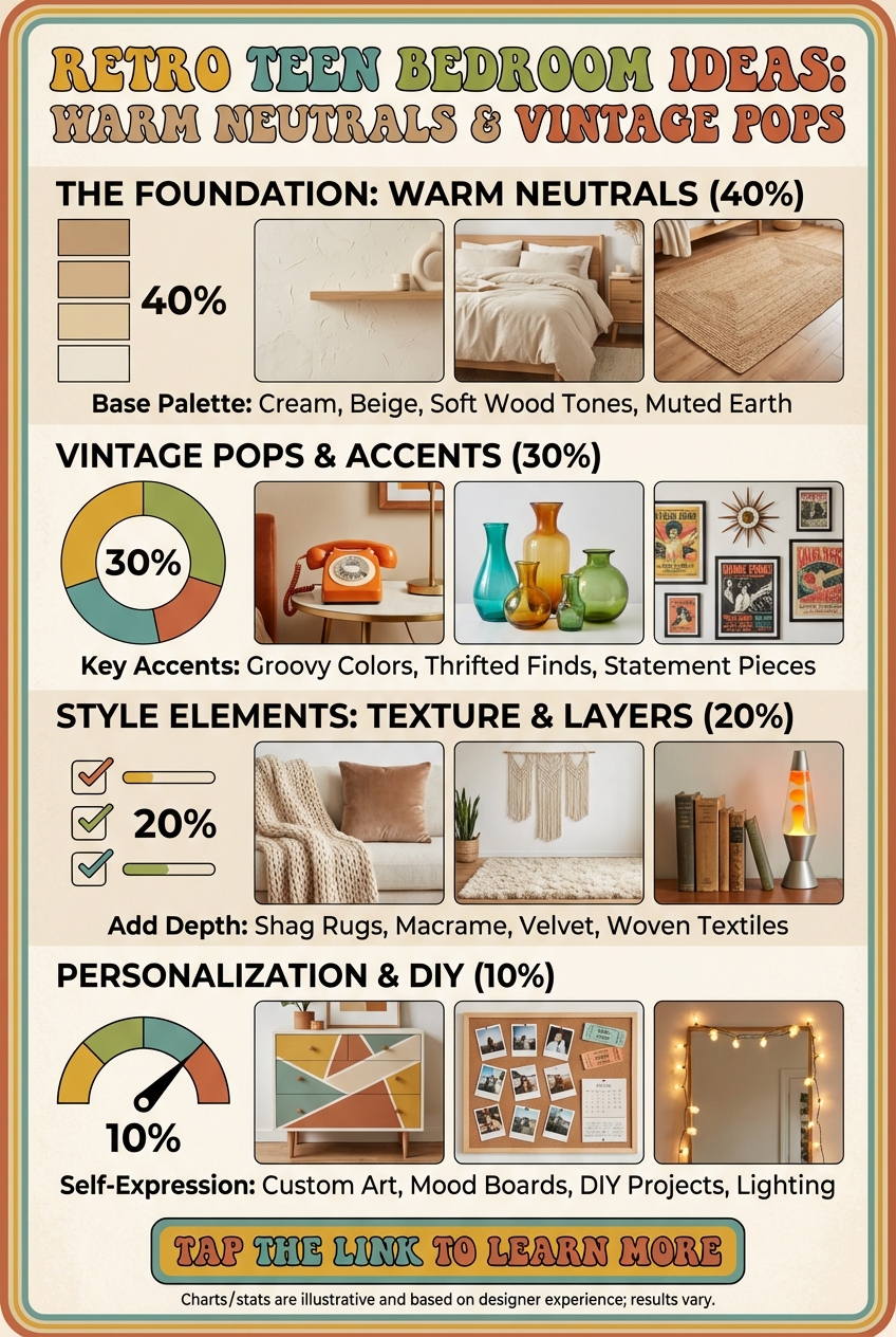 Teen bedroom layout with bed, rug and lighting in a retro warm neutral style
