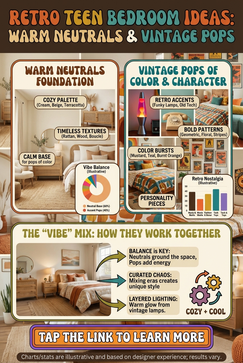 Small teen bedroom styled with retro details and warm neutral colors