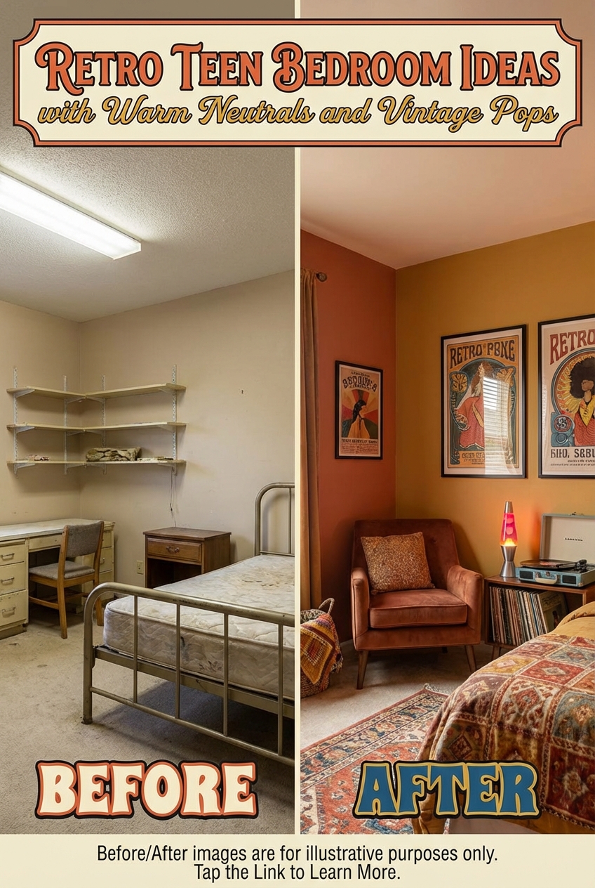Retro teen bedroom corner with vintage pops against warm neutral surroundings