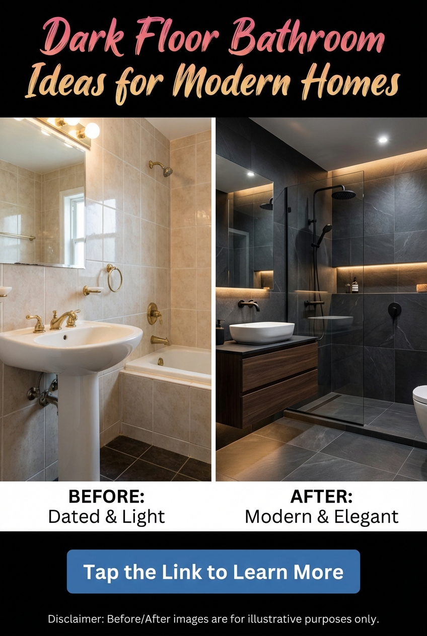 Dark gray floor bathroom finished with white towels, wood accents and brass hardware