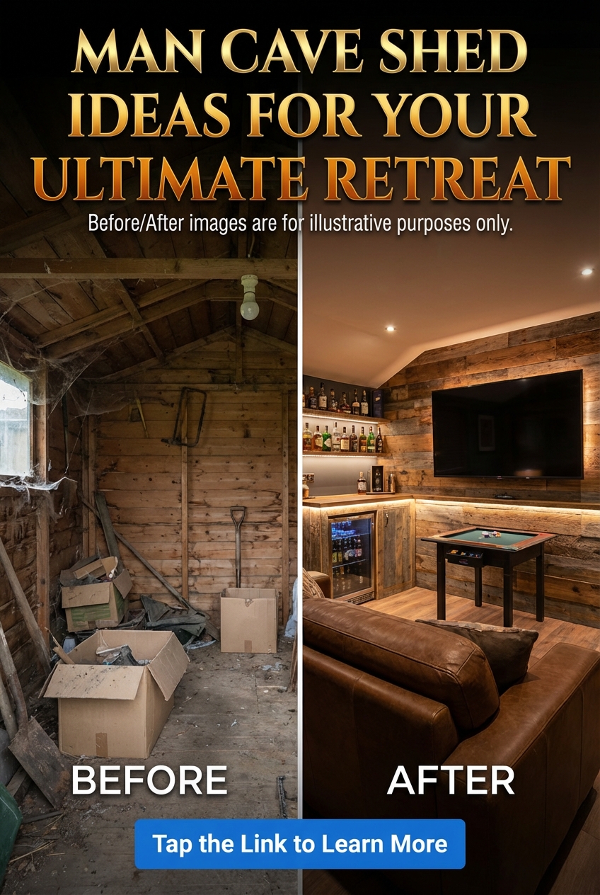 Themed man cave shed interior with lounge seating and styled decor