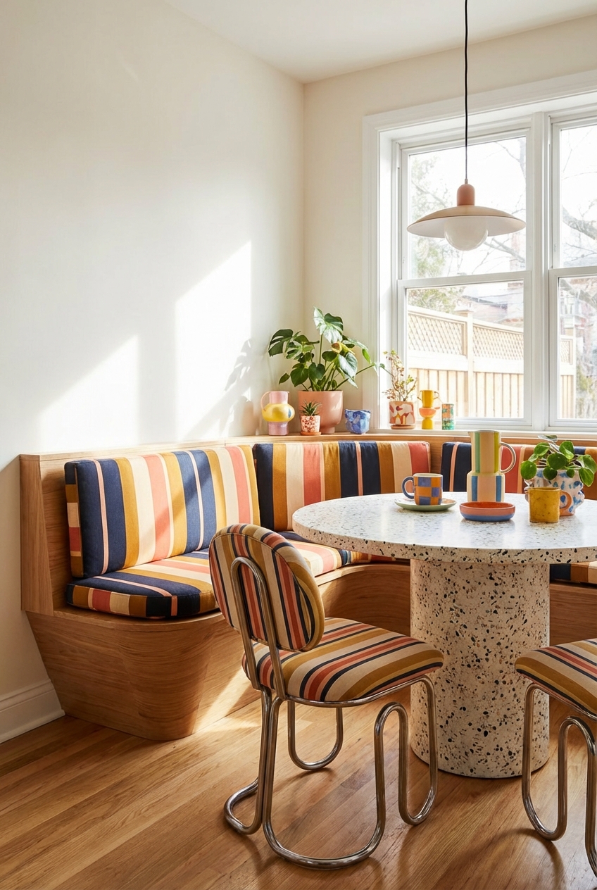 FunHaus Breakfast Nook Ideas: Stripe Cushions + Sculptural Seating